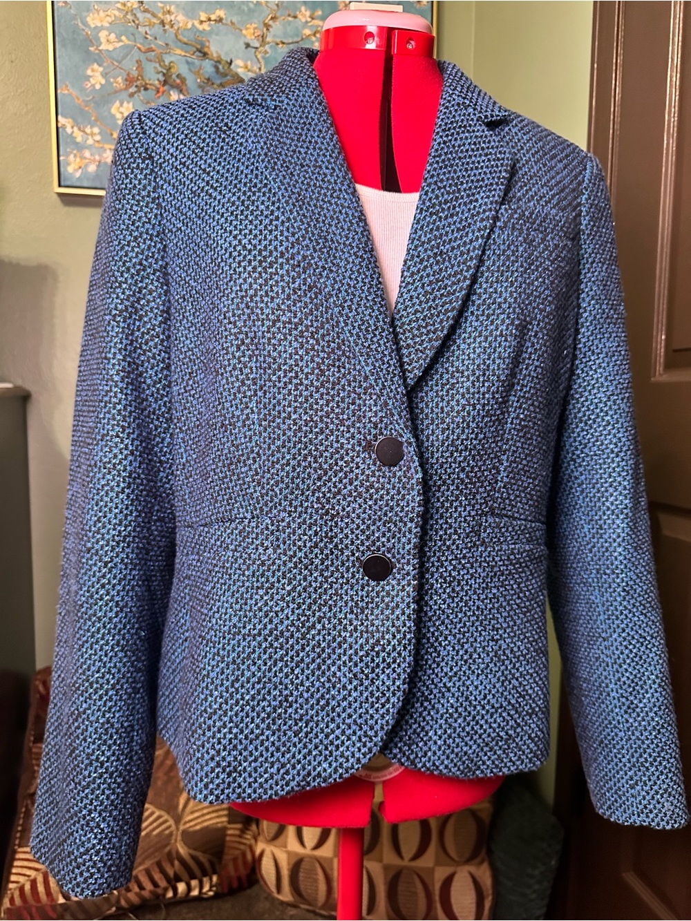 Calvin Klein Two-Button Blue Textured Knit Blazer